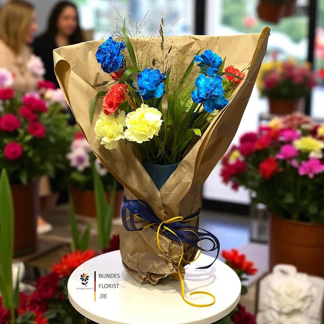 Farben, die begeistern — ein Strauß aus bunt gefärbten Premium-Nelken.