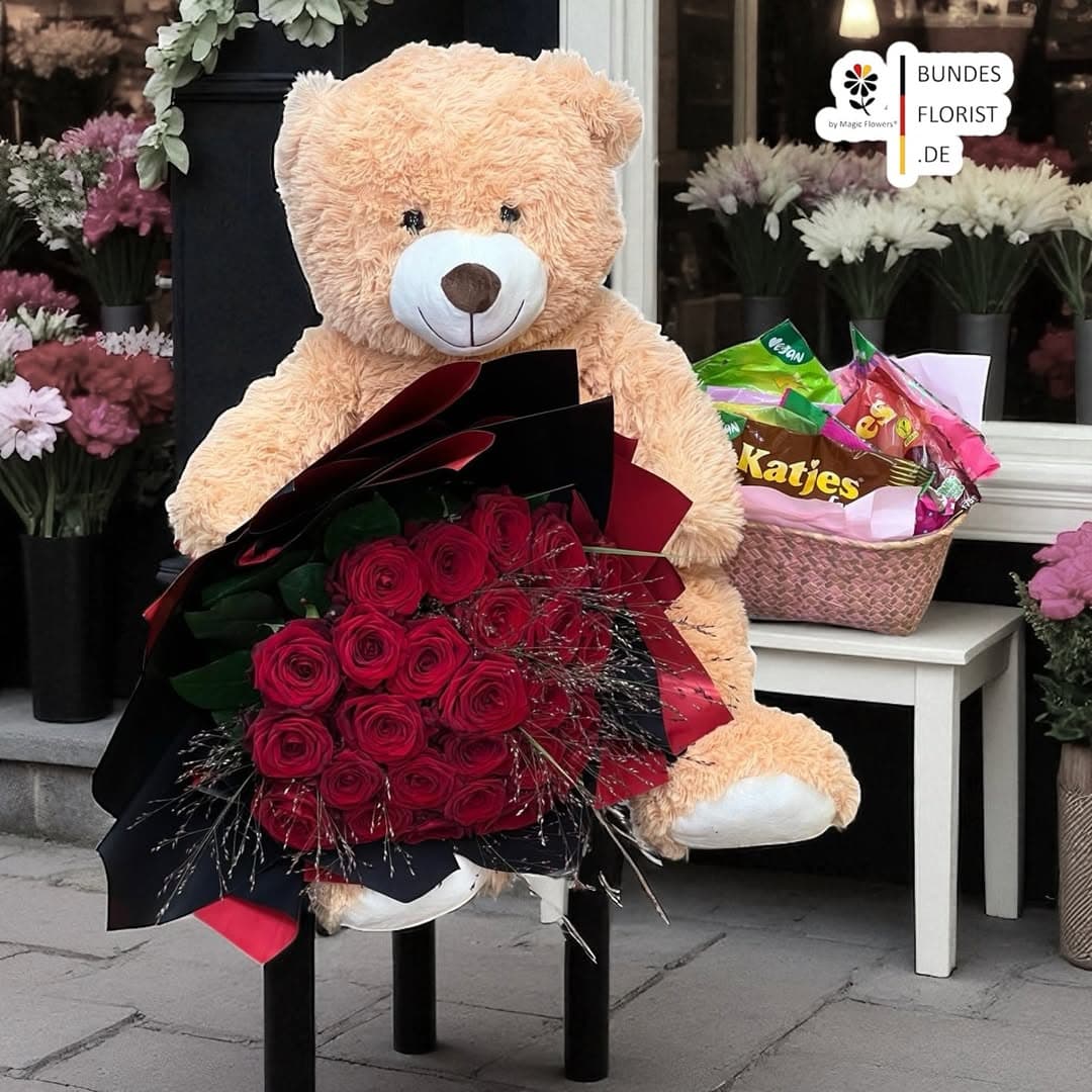 Ein Geschenk, das Herzen schmelzen lässt — Giant-Teddybär, 26 rote Premium-Rosen und ein Geschenkkorb.