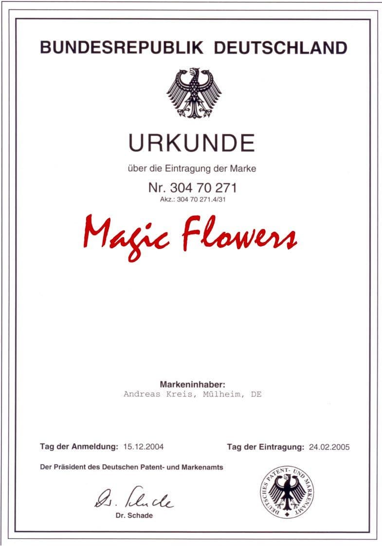 DPMA-Markenurkunde Magic Flowers – Seite 1
